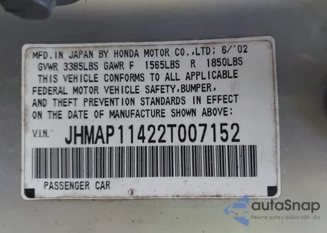 2002 Honda S2000 z USA, uszkodzony, nr VIN JHMAP11422T007152